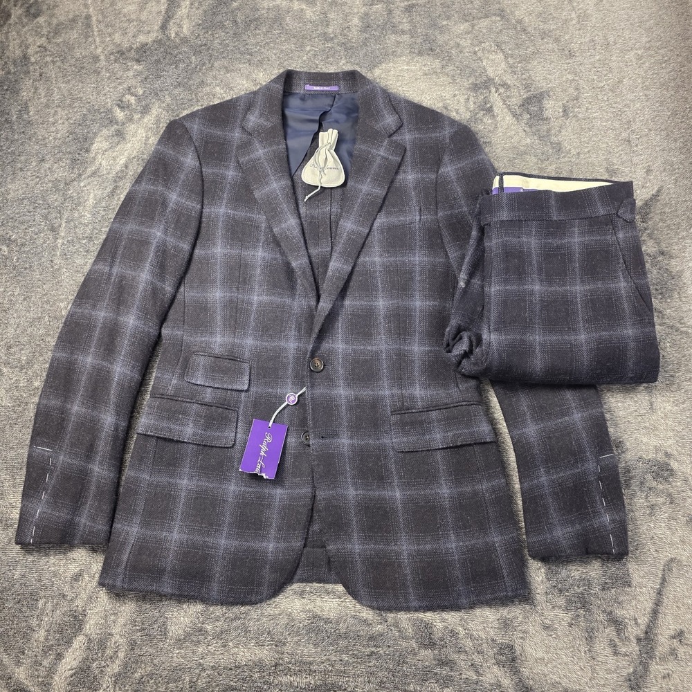 Ralph Lauren Purple Label Suit Mens 38R Blue Kent Camel Hair Shadow Plaid $3,990